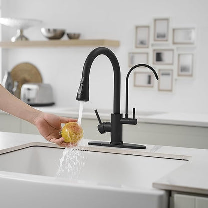 Black Kitchen Faucets with Water Filter and Pull Down Sprayer,Kitchen Sink Faucet,Two Handle Kitchen Sink Faucet with Pull Down Sprayer for 3 Function,Kitchen Faucets Without Water Filtration Device