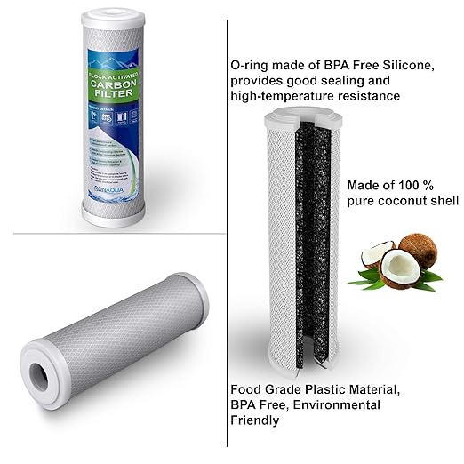 10 Inches European Design Transparent Standard Whole House Water Filter System with Presser Relief Valve, 3/4” Inlet/Outlet Brass Port and Yearly Supply (3) Block Activated Carbon Cartridges 5 Micron