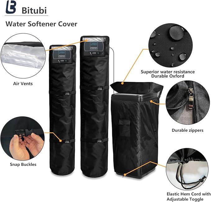 Bitubi Water Softener System Cover Outdoor for PRO+AQUA Water Softener System, 2Pcs Softener Tank/Filter Cover + 1Pcs Brine Tank Cover, All Weather Protection, Black