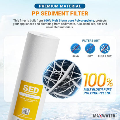 Max Water 20" x 4.5" BB Hard Water Replacement Filter Set - 20" Sediment + Cation Resin Cartridge for Hard Water Treatment & Sediment Removal | Fits Standard Whole House Water Filter Systems