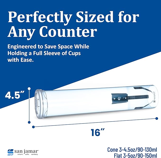 San Jamar Small Pull-Type Cup Dispenser Fits 3-4.5 Oz Cone Cups, 3-5 Oz Flat Cups with Flip Caps for Restaurants, Dining Halls, and Fast Food, Plastic, 16 Inches, Blue