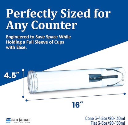 San Jamar Small Pull-Type Cup Dispenser Fits 3-4.5 Oz Cone Cups, 3-5 Oz Flat Cups with Flip Caps for Restaurants, Dining Halls, and Fast Food, Plastic, 16 Inches, Blue