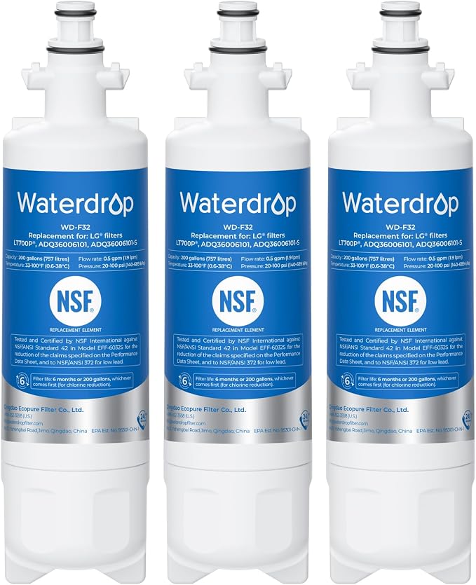 Waterdrop ADQ36006101 Water Filter, Replacement for LG® LT700P®, 3 Pack | Replacement for Kenmore® 9690, 469690, ADQ36006102, LFXS30766S, LFXS24623S, FML-3, RWF1200A, WSL-3 Refrigerator Water Filter