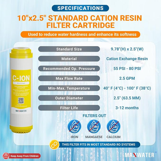 Max Water 10" x 2.5" Cation Resin Water Softener Cartridge, Compatible with AF-10-3003, WS-10, UDF-10C100E, 155319-43 & All 10 Inch Standard Whole House Water Filter Systems (3 Pack)