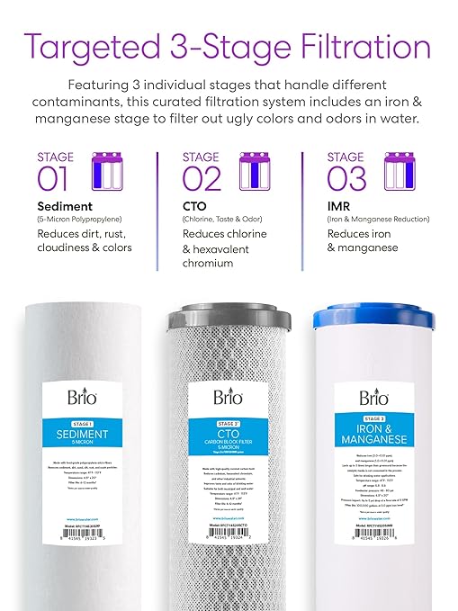 Brio 3-Stage Whole House Filtration System for Iron & Manganese Reduction, 900 GPH, 4.5" x 20" Sediment, Carbon Block, Iron & Manganese Filters Included w/Lifespan of 100,000 Gallons or 12 Months