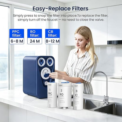 GLACIER FRESH GFU03 Reverse Osmosis System 800 GPD, No Electric/Noise, 3:1 Pure to Drain, 5-Stage Tankless Under-Sink Water Filter System, Filtration Accuracy 0.0001μm, for Any Under-Sink Setting