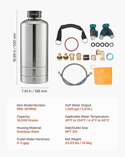 VEVOR RV Water Softener, 16,000 Grain, Portable Water Softener with NPT 3/4" Fittings, Food-Grade Resin, Stainless Steel, Quick Connect, for RVs, Trailers, Boats, Mobile Car Washing, Pressure Washing