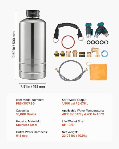 VEVOR RV Water Softener, 16,000 Grain, Portable Water Softener with NPT 3/4" Fittings, Food-Grade Resin, Stainless Steel, Quick Connect, for RVs, Trailers, Boats, Mobile Car Washing, Pressure Washing