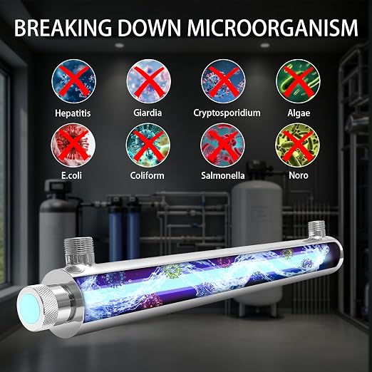 Whole House UV Water Filter, 55W Ultraviolet Water Purifier with Flow Sensor & 5-Min Delay Shutoff, 12 GPM Stainless Steel UV Water Treatment System for Well Water, 3/4" MNPT, 120V