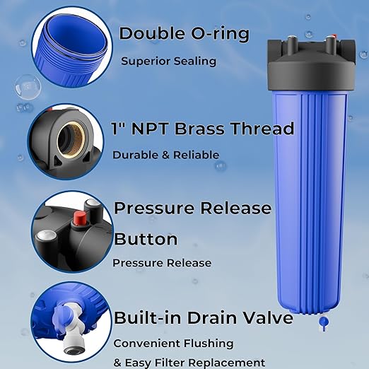 3-Stage Whole House Water Filter System, 20x4.5 Inch, Dual Carbon (GAC & CTO) for Max Chlorine & Odor Reduction, 1" NPT Brass Ports, Drain Valves & Install Kit