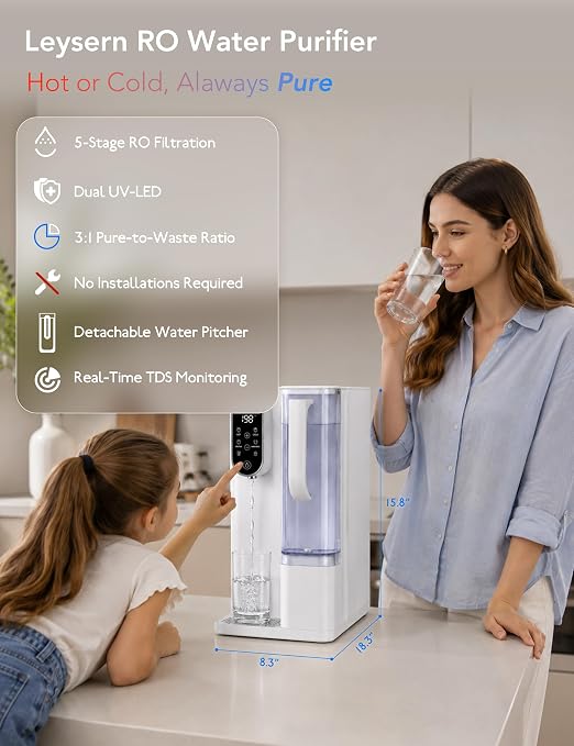 Leysern Hot & Cold Countertop Reverse Osmosis Water Filter, No Installation | 7-Stage RO Filtration with UV, Dual-Thermoelectric Cooling, Water Purifier with TDS Monitor, NSF 372 Certified, White