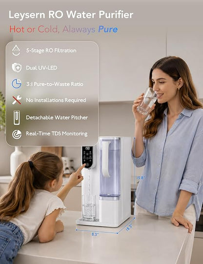Leysern Hot & Cold Countertop Reverse Osmosis Water Filter, No Installation | 7-Stage RO Filtration with UV, Dual-Thermoelectric Cooling, Water Purifier with TDS Monitor, NSF 372 Certified, White