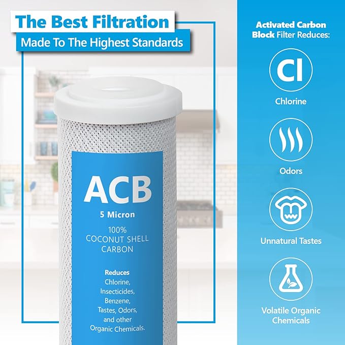 Express Water – 25 Pack Activated Carbon Block ACB Water Filter Replacement – 5 Micron, 10 inch Filter – Under Sink and Reverse Osmosis System