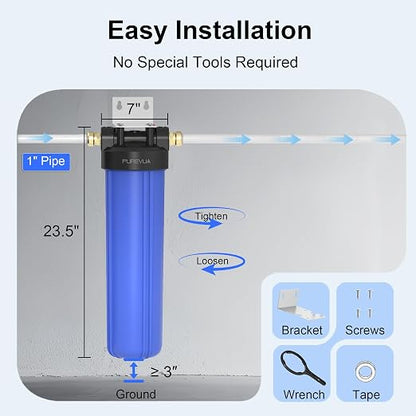 PWB20 Whole House Water Filter Housing, Fits 20” x 4.5” Big Blue Filters, Inline Pre-Filtration System for RV, Home Well and City Water Sediment etc with 1" NPT Port, Pressure Relief Valve