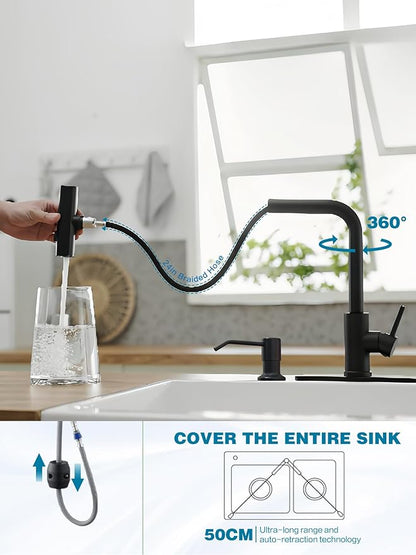 Black Kitchen Faucets with Pull Down Sprayer,Waterfall Kitchen Sink Faucet with Soap Dispenser,Utility Stainless Steel Kitchen Faucet,Single Handle Kitchen Faucet with Pull Down Sprayer for 3 Function
