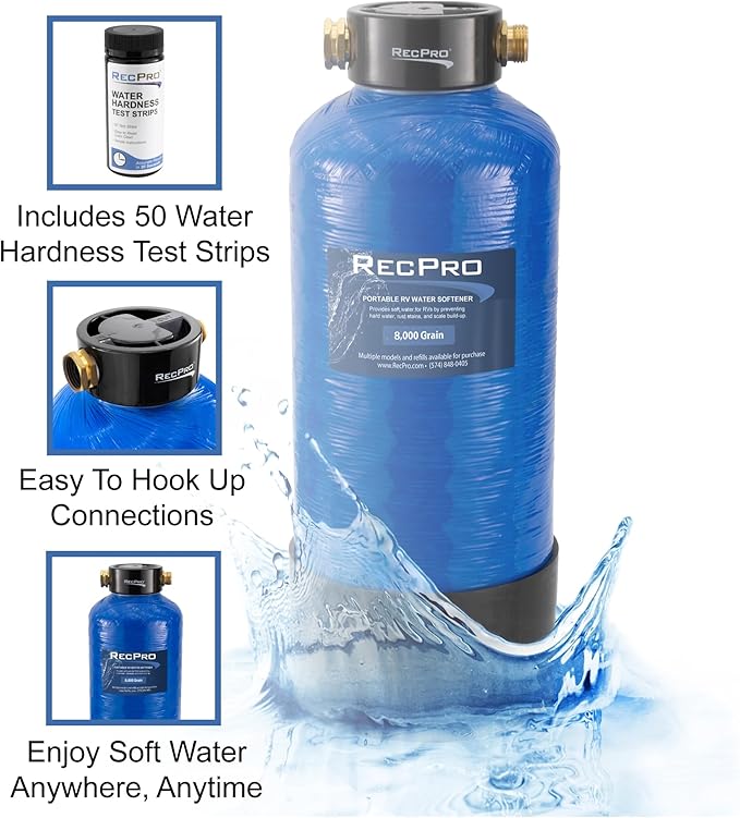 RecPro RV Water Softener Portable | Prevents Hard Water Buildup | Hose and TDS Water Test Strips Included | Cation Exchange Resin (8,000 Grain)