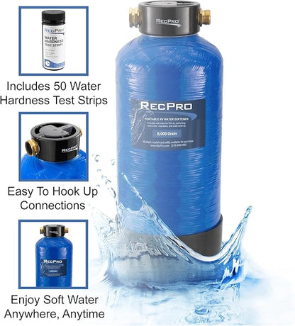 RecPro RV Water Softener Portable | Prevents Hard Water Buildup | Hose and TDS Water Test Strips Included | Cation Exchange Resin (8,000 Grain)
