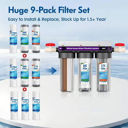 Whole House Water Filter Cartridge 9-Pack Set, Universal 2.5" x 10" Home Water Filter Replacement Cartridge, Effective Reduce Chlorine Odor, Sediment, Taste,Includes- 5PP,2GAC,2CTO, 1.5–2 Year Supply