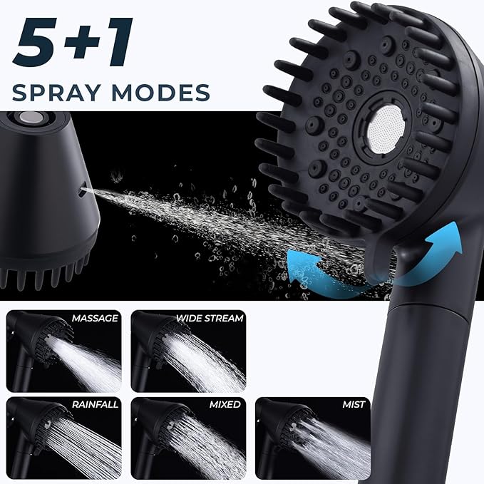 Ryamen 2026 Magnetic Filtered Shower Head with Handheld– High Pressure Showerhead with Power Wash Mode, Chlorine Removal, Massage Brush, Pressure Adjustable, One-Touch Pause (Matte Black)