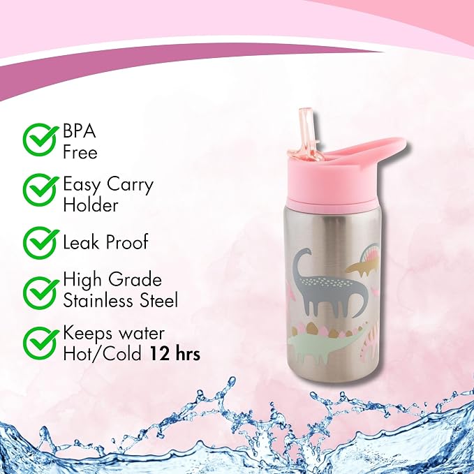 Stephen Joseph STAINLESS STEEL WATER BOTTLES PINK DINO, 18 Oz