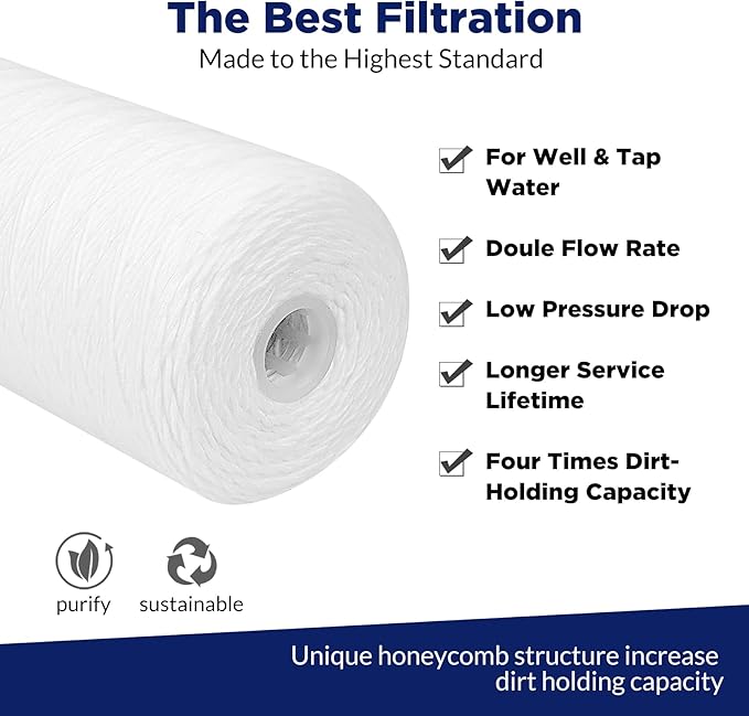 Membrane Solutions 10 Micron 10"x4.5" String Wound Whole House Water Filter Replacement Cartridge Universal Sediment Filters for Well Water - 4 Pack
