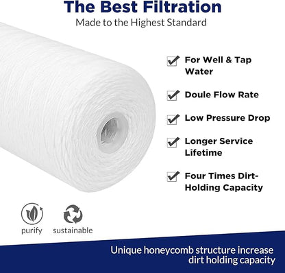 Membrane Solutions 10 Micron 10"x4.5" String Wound Whole House Water Filter Replacement Cartridge Universal Sediment Filters for Well Water - 4 Pack