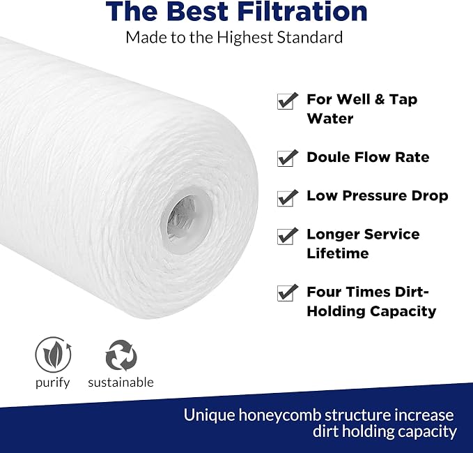 Membrane Solutions 5 Micron 10"x4.5" String Wound Whole House Water Filter Replacement Cartridge Universal Sediment Filters for Well Water - 3 Pack