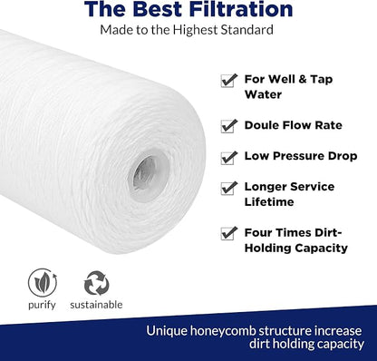 Membrane Solutions 5 Micron 10"x4.5" String Wound Whole House Water Filter Replacement Cartridge Universal Sediment Filters for Well Water - 3 Pack