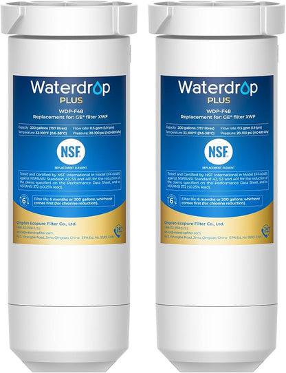 Waterdrop Plus XWF Water Filter Replacement for GE® XWF, 2 Pack, No chip | Replacement for GE® WR17X30702 Refrigerator Water Filter, NSF/ANSI 401 & 53 & 42 & 372 Certified, Reduces RFAS