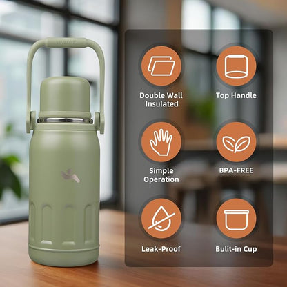 Konokyo Insulated Water Bottle with Handle and Strap,Vacuum Travel Tumbler with Cup Lid,Thermo Coffee Cup for Hot Cold Drinks 27 OZ,Army Green