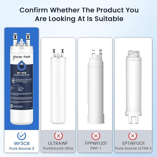 GLACIER FRESH WF3CB Refrigerator Water Filter Replacement for PureSource 3, 706465, WF425, PS3412266, AP4567491, 242017800 Refrigerator Water Filter, Pack of 3