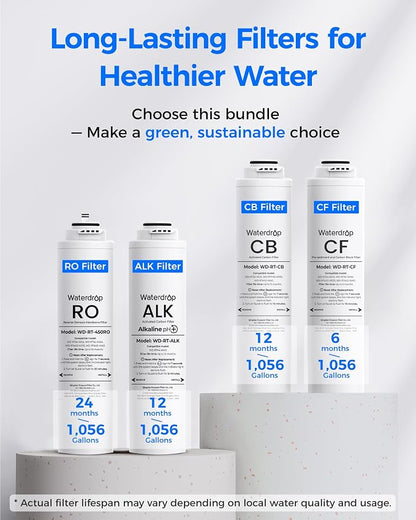 Waterdrop RT-2CFCBALKRO Filter, Replacement for T4-A Tankless RO System | Includes one 24-Month RO filter, two 6-Month CF filters, one 12-Month CB filter, and one 12-Month ALK filter