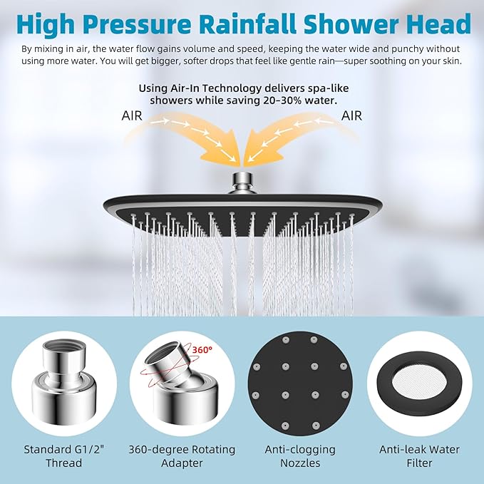Rain Shower Head with 12" Metal Extension Arm, 10" High-Pressure Showerhead | Chrome Finished, Boosting Rainfall/Fixed Showerhead, Shower Head Extender Adjustable Height/Angle, 1-Min Easy to Install