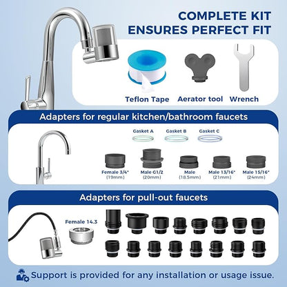 KLLEYNA Pull-Down Faucet-Mount Water Filters - (22 Adapters) Swivel 720° Sink Tap Filtration, ACF Reduce 99% Chlorine for Great Taste, 528 Gallon Purifier Kitchen/Bathroom,High Pressure 2-Mode Spray