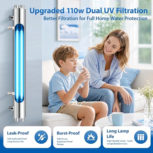 UV Water Filter Whole House Purifier System, 110W Whole Home Water Filter High Flow 24 GPM, 1 MNPT, Includes 2 Extra Bulbs, for Well & City Water, Under Sink, Home Kitchen, RV Use
