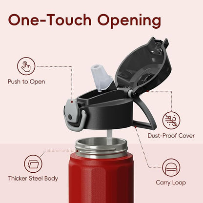 Konokyo FLOWPLAY 18oz Locking Push-Button Water Bottle with Silicone Spout,Leak-Proof,18/8 Stainless Steel Double-Wall Vacuum Insulated for Sports and Travel,BPA-Free,Red
