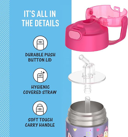THERMOS FUNTAINER Water Bottle with Straw - 12 Ounce - Kids Stainless Steel Vacuum Insulated Water Bottle with Lid,Gabby’s Dollhouse,(Pack of 6)