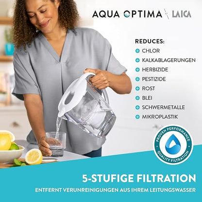 Aqua Optima Liscia Water Filter Jug & 3 x 30 Day Evolve+ Filter Cartridges, 2.5 Litre Capacity, for Reduction of Microplastics, Chlorine, Limescale and Impurities, White (Packaging May Vary)