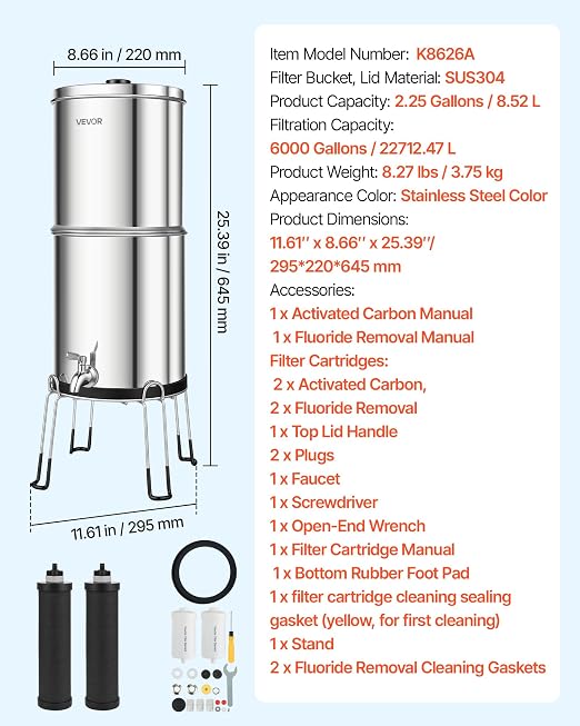 VEVOR Gravity-fed Water Filter System, 2.25G 304 Stainless-Steel Countertop Water Filtration System, Reduces Lead and up to 99% of Chlorine, w/ 2 Carbon Filter, 2 Defluorination Filter, Spigot, Stand