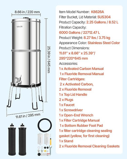 VEVOR Gravity-fed Water Filter System, 2.25G 304 Stainless-Steel Countertop Water Filtration System, Reduces Lead and up to 99% of Chlorine, w/ 2 Carbon Filter, 2 Defluorination Filter, Spigot, Stand