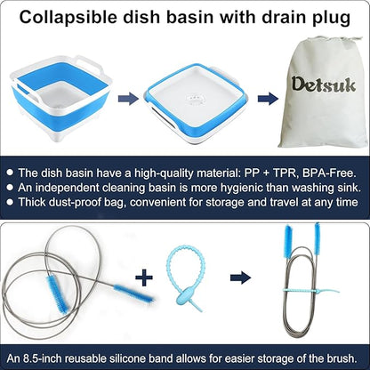 CPAP Hose Cleaning Brush Kit with Collapsible Basin – Dual-Ended 7ft Tube Brush & Small Cleaner, Anti-Slip Wash Tub with Drain Plug & Handles, Fits 15mm & 22mm Tube Cleaning
