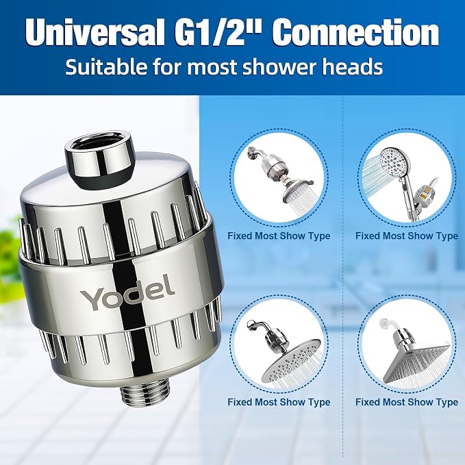 Yodel Shower Water Filter for Hard Water, Shower Water Softener with 6 Replacement Cartridges, Inline Showerhead Filter to Reduces Dry Itchy Skin, Eczema and Improve SKin,Hair,Nails Condition,Chrome
