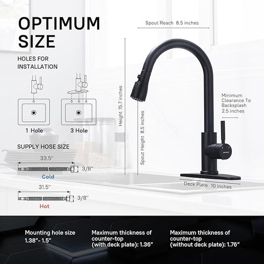 WEWE Kitchen Faucets with Pull Down Sprayer, Black Kitchen Faucet, Commercial Single Handle Design with Perfect Arc with Hoses for Rv Kitchen Bar (2 Pack)