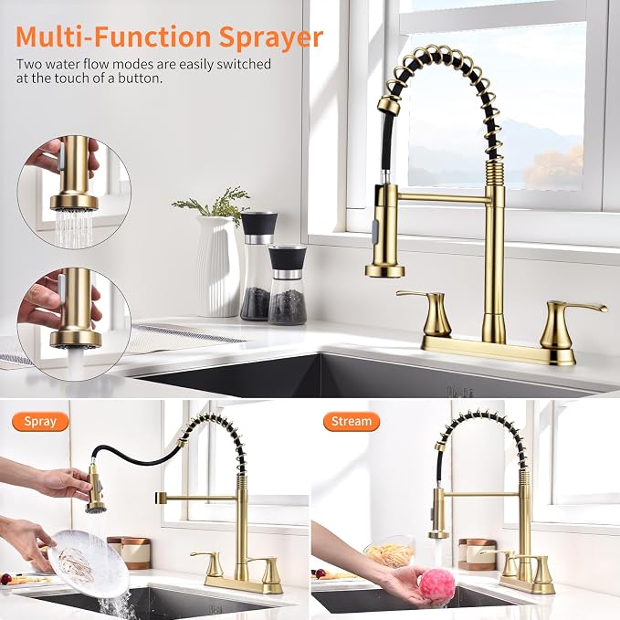 HOMELODY 2 Handles Kitchen Faucet with Pull Down Sprayer for 3 Hole Sink, 360° Rotating Spout Commercial 2 Handle Stainless Steel Kitchen Faucets with Deck Plate Gold