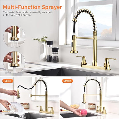 HOMELODY 2 Handles Kitchen Faucet with Pull Down Sprayer for 3 Hole Sink, 360° Rotating Spout Commercial 2 Handle Stainless Steel Kitchen Faucets with Deck Plate Gold