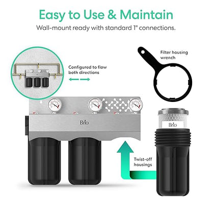 Brio Whole House Water Filter System for Heavy Metal Reduction w/Gauges | 3 Stage Fast-Flow Filtration (Sediment, GAC + KDF, CTO Carbon Block) 4.5" x 10" Filters | Protects Home Appliances | 720 GPH