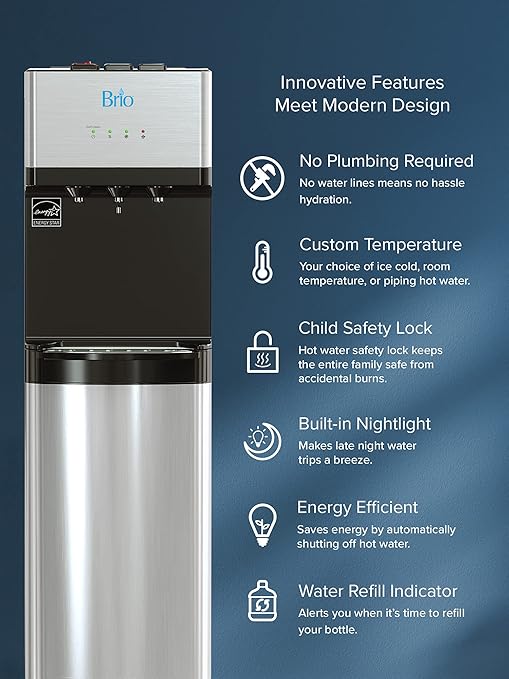 Brio 520 Bottom Load Water Cooler Dispenser for 5 Gallon Bottle w/ 2 Stage Filter | Hot Cold & Room Temp Water Options for Home & Office | Removes Chlorine, VOC's, Bad Taste & Chemicals