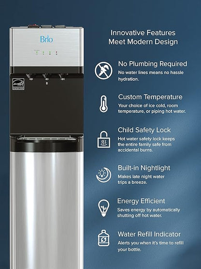 Brio 520 Bottom Load Water Cooler Dispenser for 5 Gallon Bottle w/ 2 Stage Filter | Hot Cold & Room Temp Water Options for Home & Office | Removes Chlorine, VOC's, Bad Taste & Chemicals