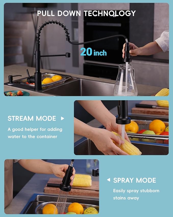APPASO Black Kitchen Faucet with Soap Dispenser & Pull Down Sprayer | NSF/ANSI/CAN 372 & Lead-free, SUS304 Stainless Steel 3 Modes Faucet for Farmhouse, Bar & RV