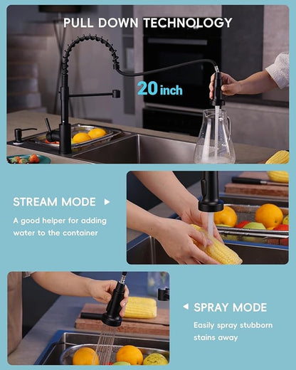 APPASO Black Kitchen Faucet with Soap Dispenser & Pull Down Sprayer | NSF/ANSI/CAN 372 & Lead-free, SUS304 Stainless Steel 3 Modes Faucet for Farmhouse, Bar & RV
